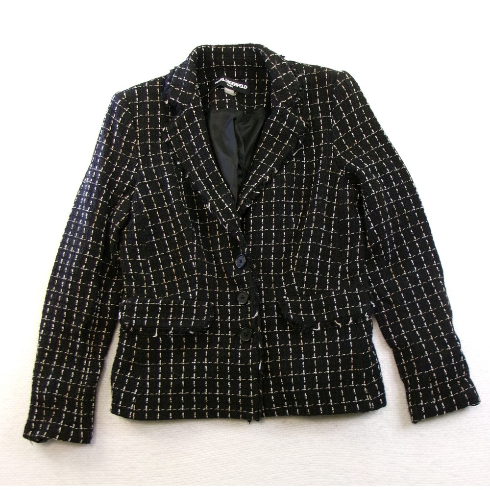 Karl Lagerfeld Paris Black White Tweed Windowpane Blazer Jacket G88JW035 Size 8